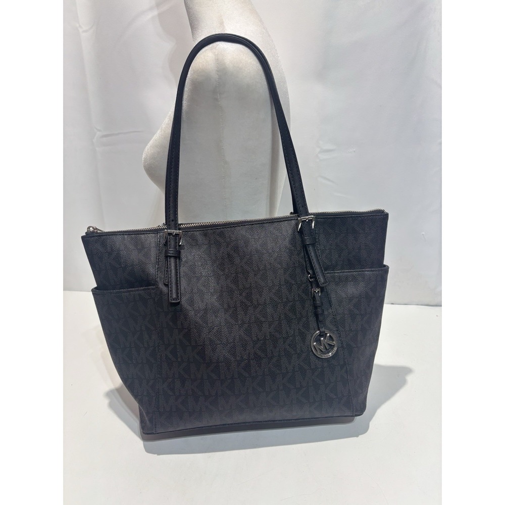 Michael Kors Jet Set Item Large Top-Zip Tote in black signature monogram print